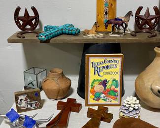 TURQUOISE INLAID CROSSES, PEWTER STEER HEAD DRAWER PULLS