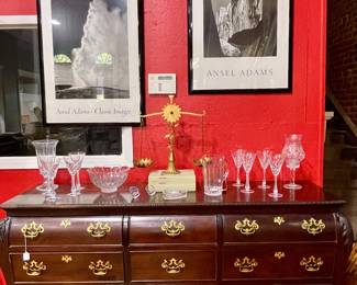 CENTURY FURNITURE DRESSER, MIKASA STEMWARE, ANSEL ADAMS PRINT