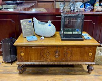 BEAUTIFUL FOOTED CHEST, POTTERY CHICKEN PLANTER BY GUMP’S, HISTORICAL HOMES OF COLORADO COUNTY BOOK