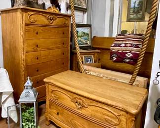OAK BEDROOM FURNITURE BY OAKWOOD INTERIORS-HIGHBOY DRESSER, CHEST, NIGHTSTAND, KING SIZE SLEIGH HEADBOARD/FOOTBOARD