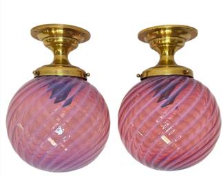 Antique Cranberry Swirl Globe Sconces, Pair