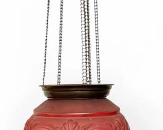 19th C. Victorian Cranberry Glass and Brass Hanging Pull Oil Lamp