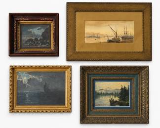 Gallery Wall of 19th C. Oil and Watercolor Paintings, Seascape Sailboats