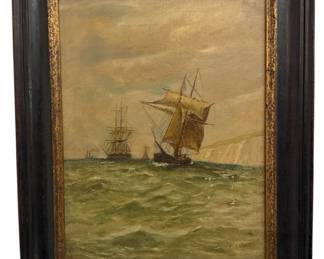 19th C. Sail Ships Nautical Oil Painting, Signed T. COOKE