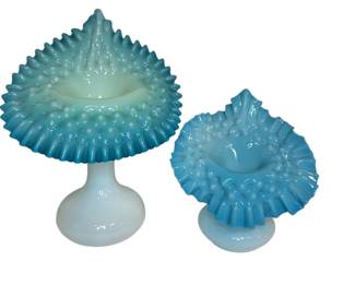 Two Victorian Hobnail Blue, Milk Glass, & Uranium Jack In The Pulpit Vases