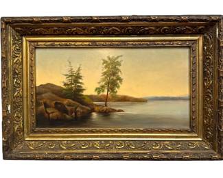 Early 20th C. Sunset River Scene Oil Painting 