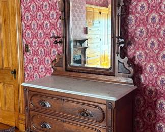 Antique Victorian Eastlake Walnut Washstand Dresser and Mirror