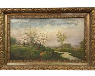 19th C. Oil Painting, Landscape w/ Cherry Blossom Trees