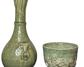 Two Asian Celadon Vessels, Sake Bottle & Bowl