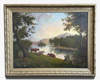 An 1870s Pastoral Cow Oil Painting, NANCY BENNETT (American, Michigan, 1821-1880)
