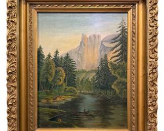 19th C. River Scene Oil Painting, Fishing at Yosemite 