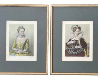 Two Victorian Style Portrait Colored Etchings, QUEEN ANNE & QUEEN ELIZABETH
