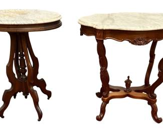 Two Victorian Walnut Marble Top Parlor Tables