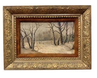 19th C. Winter Forest Scene Oil Painting