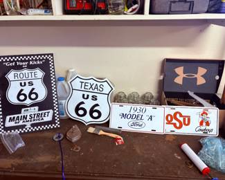 metal US 66 signs, license plates