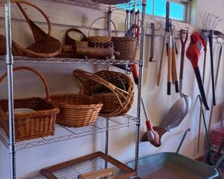 baskets, shelves, wheel barrow