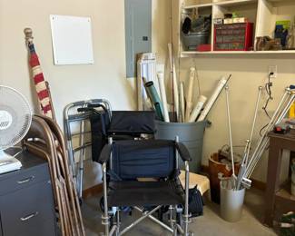 wheel chair, file cabinet, folding chairs,