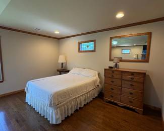 bed, maple tall dresser, mirror