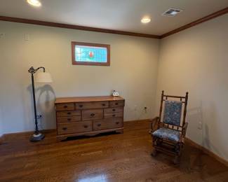 rocker, dresser, lamp