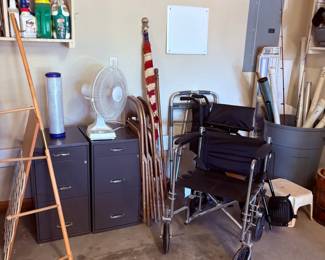 file cabinets, fan, flag