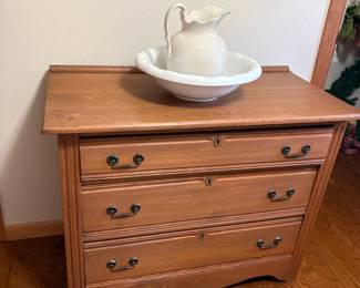 3 drawer chest, mirror, pitcher and bowl