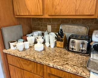 pitchers, milk glass, kitchen