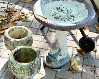 Gnome Mushroom Bird Bath and Cement Planters