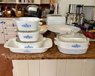 Set of Corning Ware  dishes featuring the iconic Blue Cornflower pattern