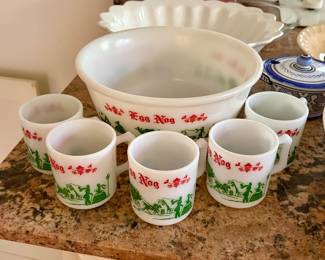 Hazel Atlas Vintage Egg Nog Bowl and 5 Mugs Mid Century