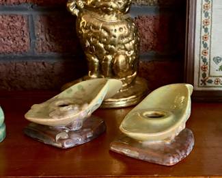 Vintage heavy solid brass cat doorstop or figurine, and Roseville Wincraft pottery candle holders set of 2