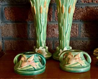 Weller Art Pottery Lily Pad With Cattails Vases, and Roseville Pottery Zephyr Lily Candle Holder Set Of 2
