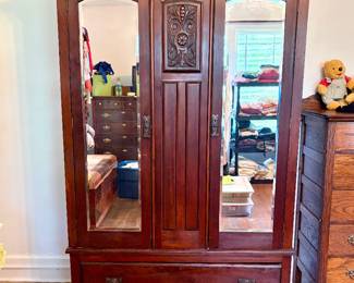 Antique Victorian Walnut Mirrored Clothing Armoire Wardrobe Closet Cabinet