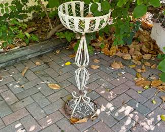 Vintage white wrought iron garden basket planter