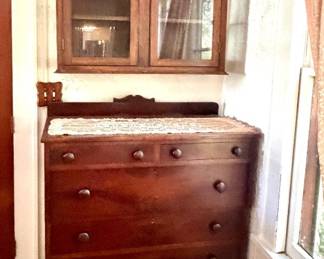 A Hand-Crafted 19th Century Empire Dresser and Wall Mounted Wood Cabinet With Glass Doors