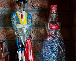 Vintage Figural Matador and Flamenco dancer Painted Glass Brandy Bottles