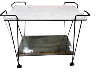 039 MidCentury Modern Iron Bar Cart with Marble Top