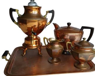 003 Antique Copper Brass TeaCoffee Samovar Set with Tray