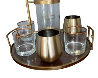 021 GoldTone Barware Set with Tray Pitcher Glasses Stemless Cups