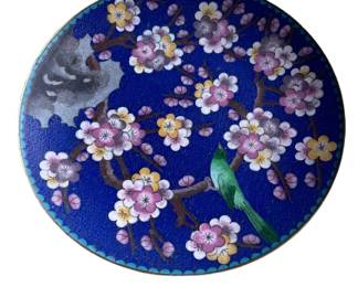 072 Chinese Cloisonn Enamel Plate Cherry Blossom Bird