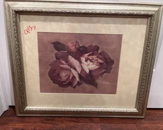 018 Vintage Framed Rose Botanical Print with Silver Leaf Frame