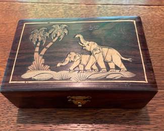145 Indian Carved Wood Inlay Elephant Jewelry Box