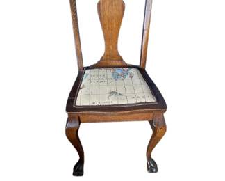 067 Antique Queen Anne Oak Side Chair with Map Needlepoint Seat