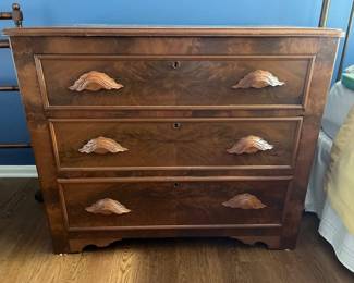 065 Antique Walnut Burl Veneer 3Drawer Chest of Drawers
