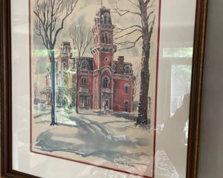 162 Paul N Norton Framed Watercolor Print of Victorian Building in Winter  Signed P