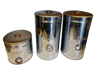 133 Vintage Chrome Copper Canister Set 3 Pieces  Flour Sugar Tea