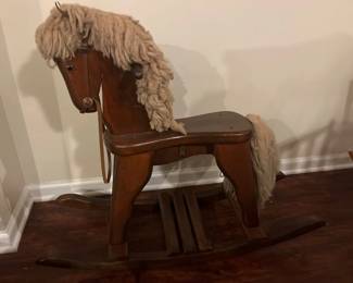 030 Vintage Solid Oak Rocking Horse with Yarn Mane Tail