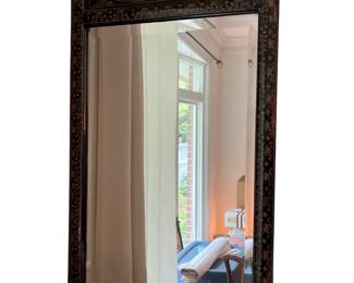 119 Chinoiserie Black Lacquer Wall Mirror with Floral Bird Motif
