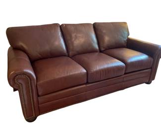 158 Burgundy Leather RollArm Sofa with Nailhead Trim