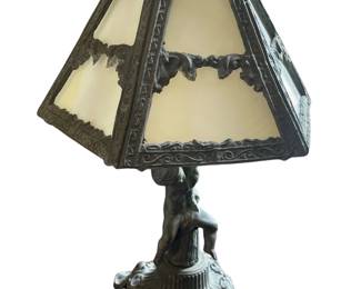 097 Antique Cast Metal Figural Slag Glass Table Lamp