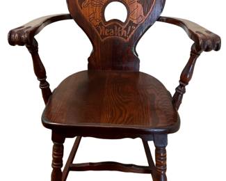 149 Antique Oak Health Tavern Chair with Carved Back